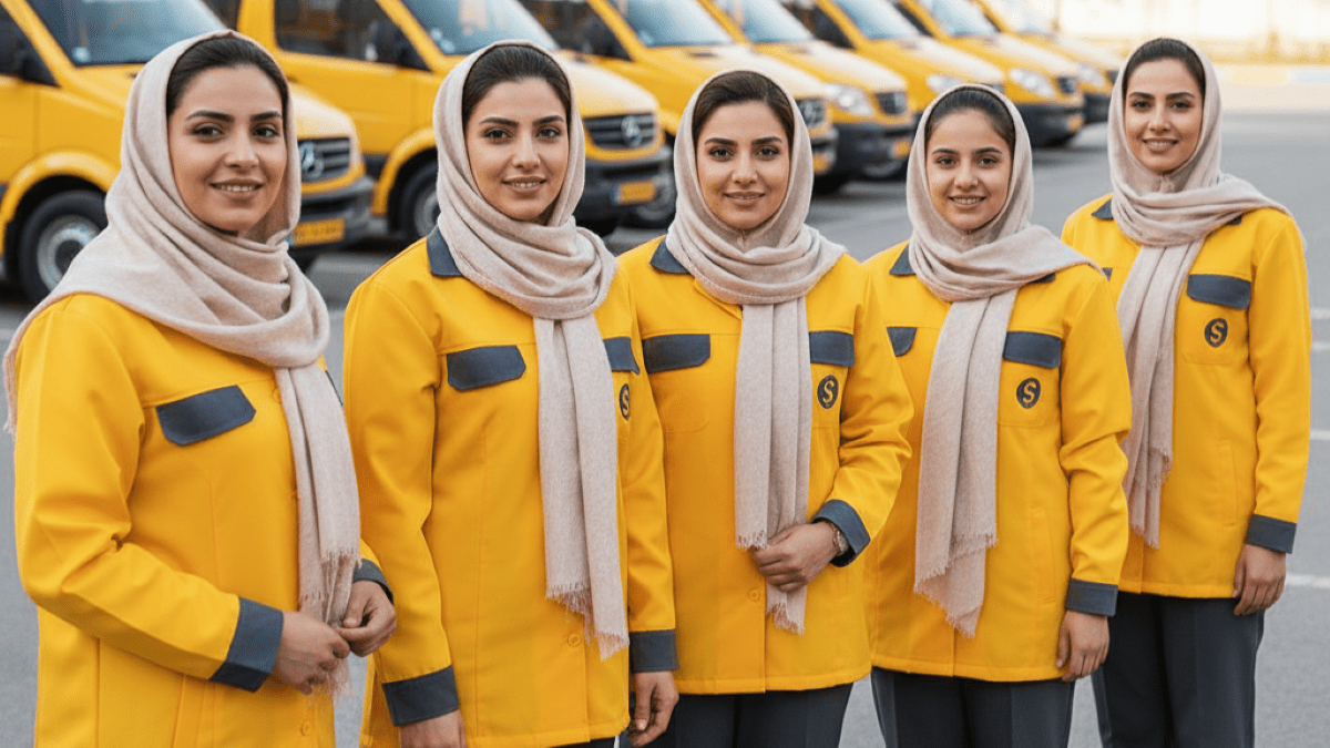 پیشنهاد: یک نمای بیرونی از یک ون سرویس مدرسه تمیز و مرتب در حال حرکت آرام در یک خیابان شهر (شلوغ نباشد). یا نمایی از داشبورد خودرو که راننده زن (دست‌هایش روی فرمان) با دقت به مسیر نگاه می‌کند و کنار او یک تبلت با نقشه مسیر دیده شود.