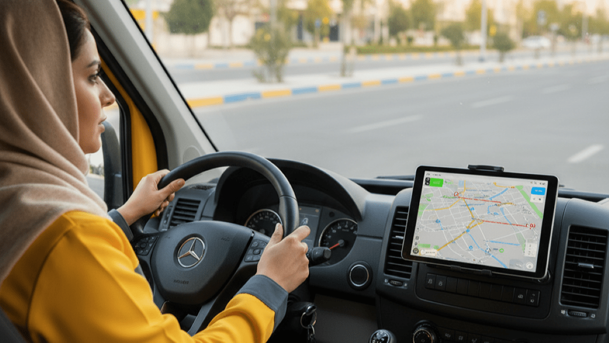 پیشنهاد: یک نمای بیرونی از یک ون سرویس مدرسه تمیز و مرتب در حال حرکت آرام در یک خیابان شهر (شلوغ نباشد). یا نمایی از داشبورد خودرو که راننده زن (دست‌هایش روی فرمان) با دقت به مسیر نگاه می‌کند و کنار او یک تبلت با نقشه مسیر دیده شود.